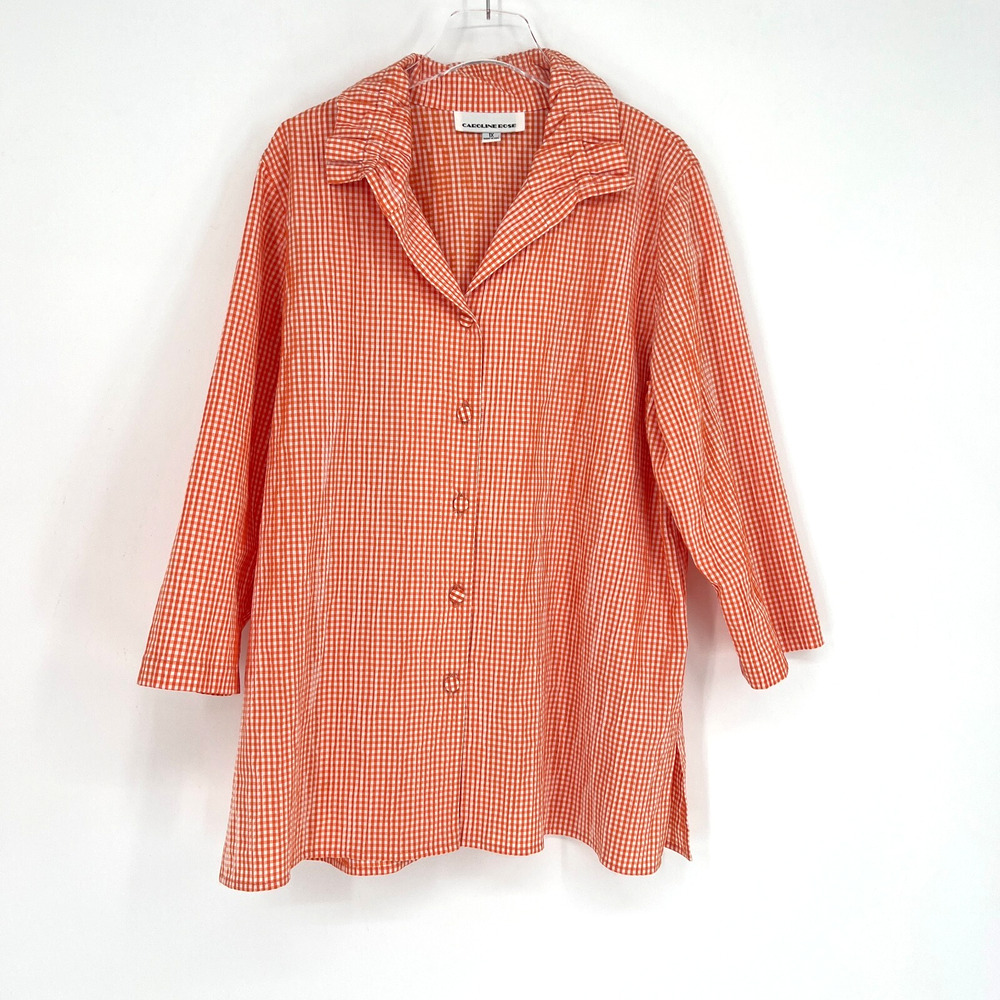 Caroline Rose Top Womens 1X Orange Crinkled Gingham Tunic Preppy Ruched Collar‎